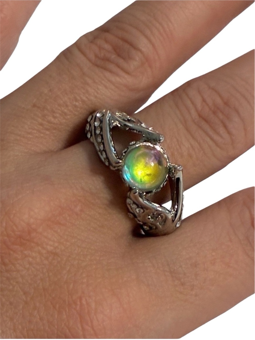 Vintage Mystic Opal Silver-Tone Statement Ring - Iridescent Green Size 9.5
